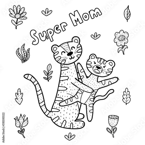 Super mom coloring page with cute tigers  - mommy and baby. Black and white print for mothers day activity. Funny greeting card. Vector illustration