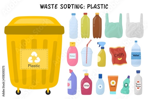 Plastic garbage sorting set. Yellow trash can for plastic waste with bottles and packages. Separating and recycling objects collection. Vector illustration