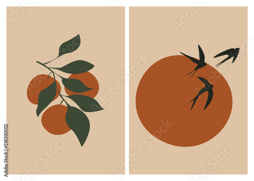 Abstract contemporary posters set. Mid century modern minimalist art print. Boho poster cover. Orange twig, sun, birds. Flat design for book cover, poster, banner, brochure, flyer.
