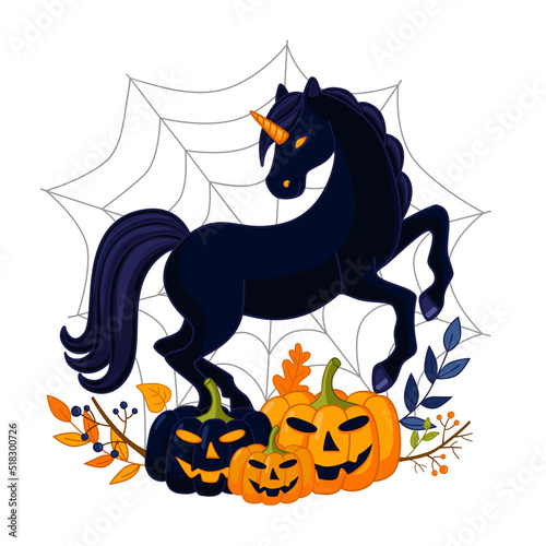 A black unicorn with glowing eyes and Halloween Pumpkins with scary faces on a spider web background.