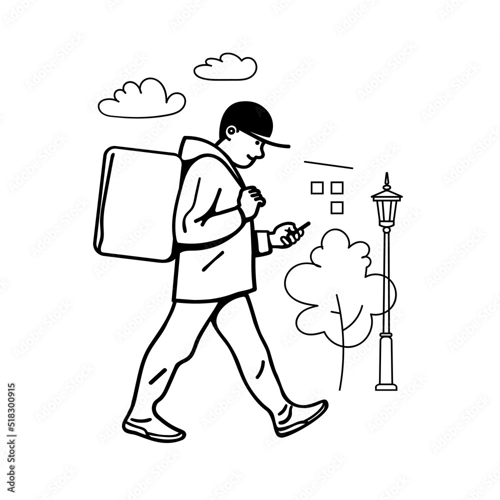 Fototapeta premium Delivery man walking on foot on background of urban landscape. Courier with parcel box checking orde. Vector illustration.