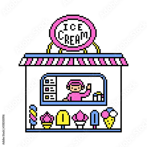 Pixel art ice cream kiosk, parlor, restaurant building isolated on white background. Desserts to go. Old school retro 80's-90's 8 bit slot machine, video game graphics. Street food place. Fair cafe.