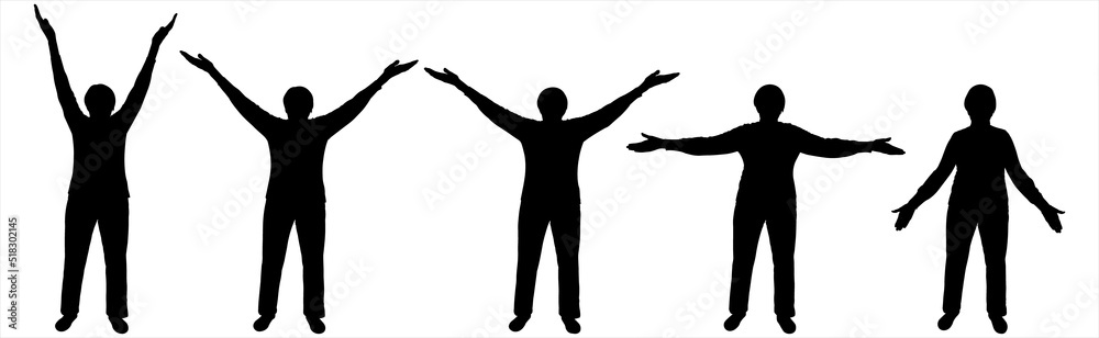 A senior woman in a tracksuit performs physical exercises. Charging for the elderly. Women stand in a row and move their hands in different directions. Five black female silhouettes isolated on white A senior woman in a tracksuit performs physical exercises. Charging for the elderly. Women stand in a row and move their hands in different directions. Five black female silhouettes isolated on white
