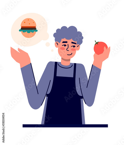 Young cute man think how to cook burger himself on his kitchen. Vector illustration with food and cooking