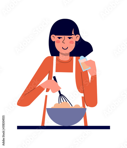 Young cute woman mix dough with a whisk in her kitchen. Vector illustration with food and cooking