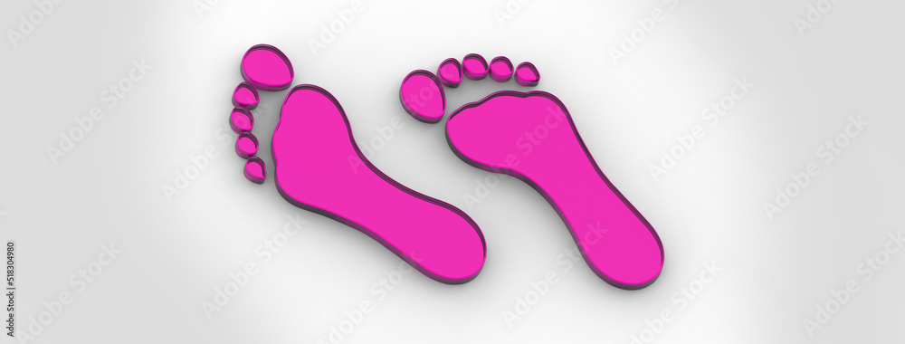 two purple glass bare footprints. bare footprints close-up. movement and development. Banner for insertion into site. Place for text cope space. Horizontal image. 3D image. 3D rendering. two purple glass bare footprints. bare footprints close-up. movement and development. Banner for insertion into site. Place for text cope space. Horizontal image. 3D image. 3D rendering.