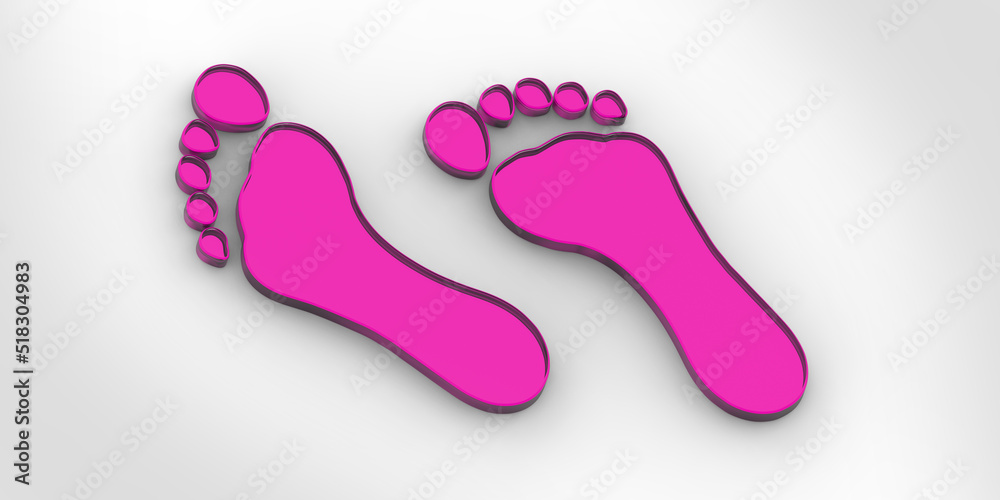 two purple glass bare footprints. bare footprints close-up. movement and development. Banner for insertion into site. Place for text cope space. Horizontal image. 3D image. 3D rendering. two purple glass bare footprints. bare footprints close-up. movement and development. Banner for insertion into site. Place for text cope space. Horizontal image. 3D image. 3D rendering.