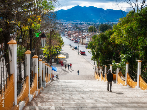 San Cristóbal de las Casas, Mexico -Street's perspective from the stairs leading up to the Church of Our Lady of Guadalupe. San Cristobal is a historic highland town in southern Mexico.
