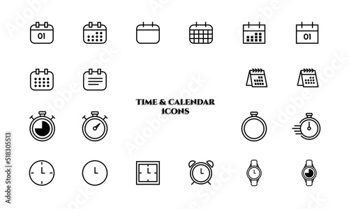 calendar set. time icons set. time and calendar icons set. flat time and flat calendar icons. time and calendar vector. flat style - stock vector.