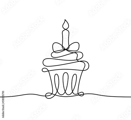 Continuous line drawing of birthday cake with candle. Christmas or Easter muffin, cupcake for anniversary. Vector outline illustration of sweet pastry, hand drawn sketch of bakery dessert with cream 
