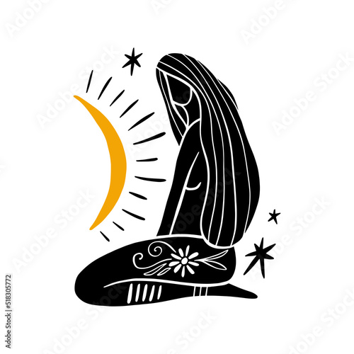 Boho sacred magic woman mystical symbol flat holistic healing meditation. Reiki new age concept modern abstract silhouette.