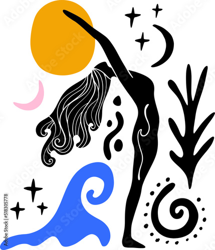 Boho sacred magic woman mystical symbol flat holistic healing meditation. Reiki new age concept modern abstract silhouette.