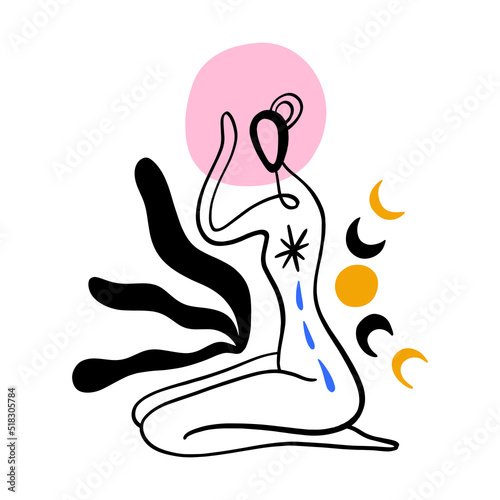 Boho sacred magic woman mystical symbol flat holistic healing meditation. Reiki new age concept modern abstract silhouette.
