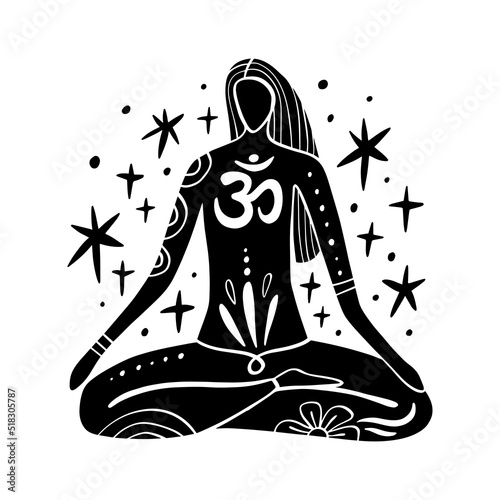 Boho sacred magic woman mystical symbol flat holistic healing meditation. Reiki new age concept modern abstract silhouette.