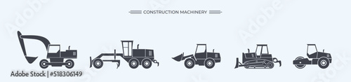 Construction machinery isolated SVG set. Special equipment for construction work. Excavator, tractor, bulldozers, asphalt road roller, road grader.Commercial vehicles.Flat vector illustration. Icon
