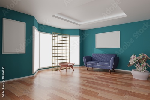 living room picture frame interior design 3d rendering 