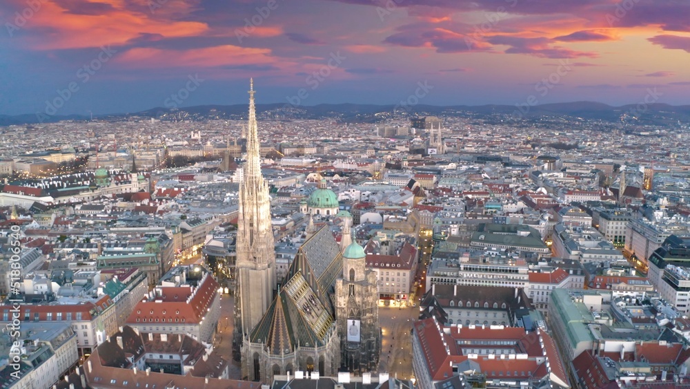 Obraz premium Vienna skyline aerial view drone video from sky, vienna austria cathedral church birds view old town.