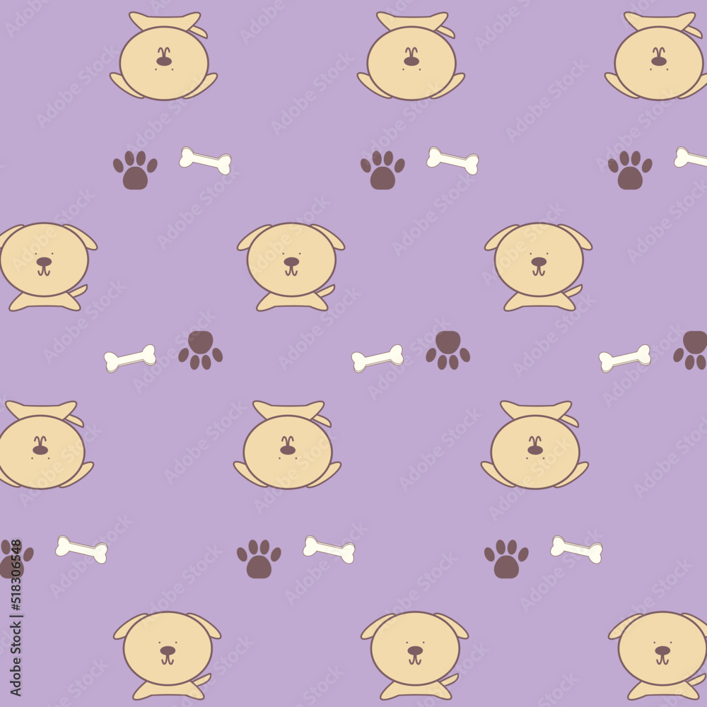Seamless hand drawn cute brown paw, light brown dog  and white bone pattern vector isolated on pink background. Design for wrapping paper, tablecloth, gift paper, background, wallpaper and decor.