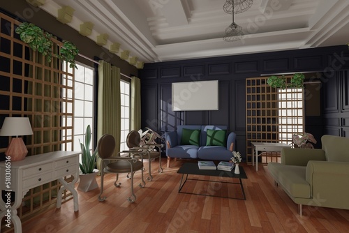 living room picture frame interior design 3d rendering 