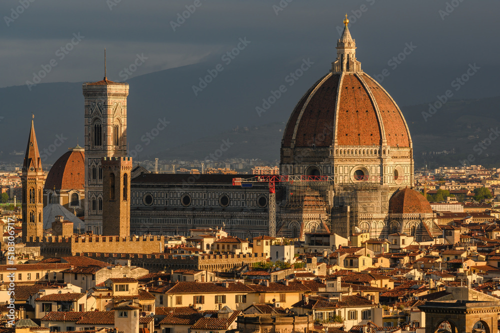 View of the Cathedral Santa Maria del Fiore at sunrise. Florence. Italy
