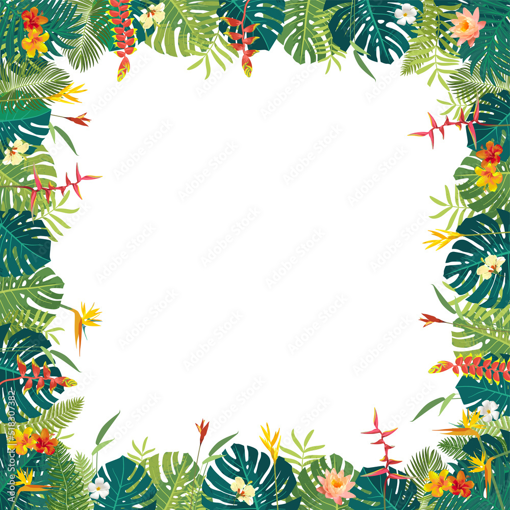 Vector Balinese Polinesian Summer beautiful jungle exotic leaves square banner template. Botanical summer wedding greeting card, invitation template. Monstera plumeria heliconia areca tropical plants Vector Balinese Polinesian Summer beautiful jungle exotic leaves square banner template. Botanical summer wedding greeting card, invitation template. Monstera plumeria heliconia areca tropical plants