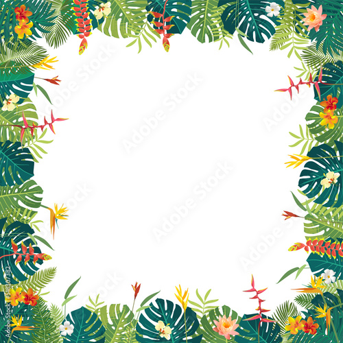 Vector Balinese Polinesian Summer beautiful jungle exotic leaves square banner template. Botanical summer wedding greeting card, invitation template. Monstera plumeria heliconia areca tropical plants