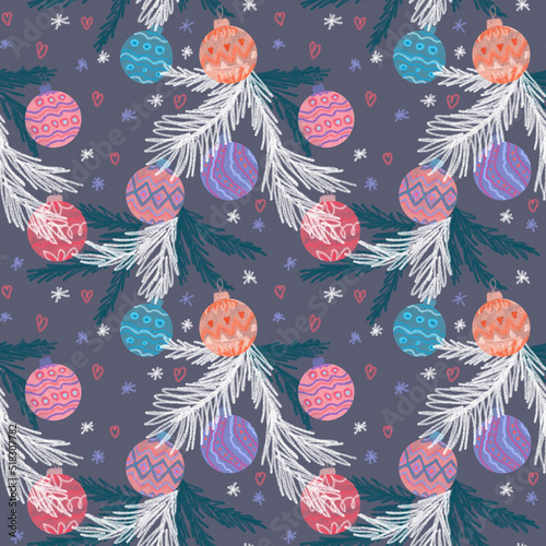 Seamless Christmas pattern. Pastel drawing, Christmas balls, fir branches, paper texture, pastel texture.