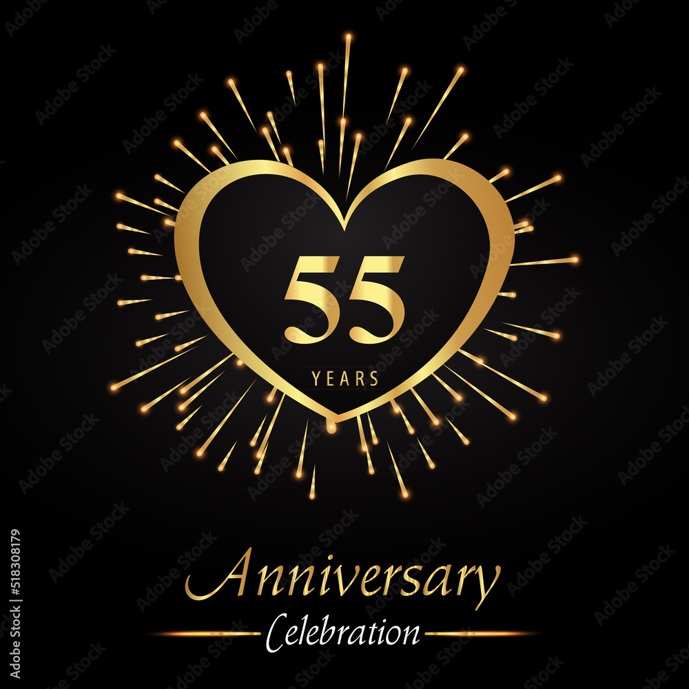 Fototapeta premium 55 years anniversary celebration with golden heart and fireworks isolated on black background. Premium design for weddings, birthday party, celebration events, banner, graduation, greetings card.