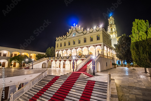 Exterior view of Panagia Megalochari church or Virgin Mary in Tinos island illuminated at night. It is the patron saint of Tinos and considered as the saint protector of Greece