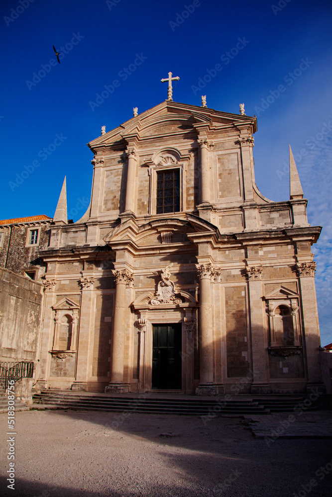 Baroque church of Saint Ignatius, Grad in the old town, Dubrovnik, Dalmatia, Croatia. Blue sky background.