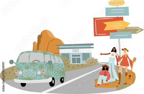 groovy hippie vector illustration clipart, retro 70s hippy bus van road trip clip art, mountain landscape scenery png, peace and love scene clipart, sublimation design images