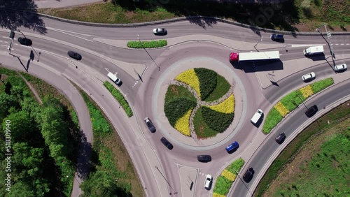 Aerial view of the roundabout in Espoo, Finland. Flowers In the center of the roundabout