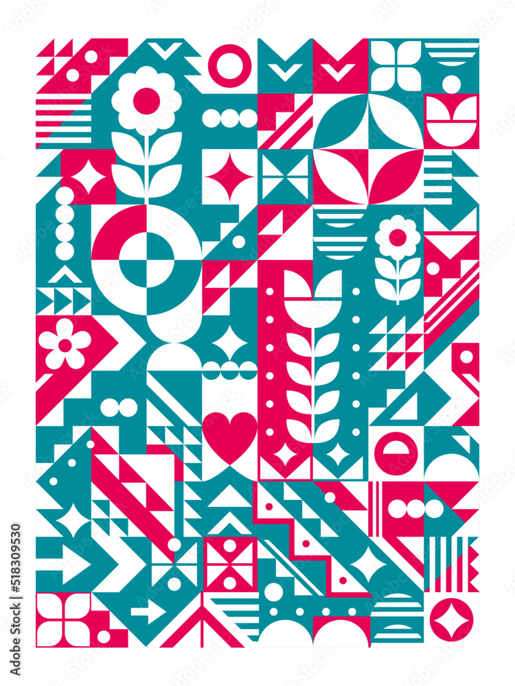 Fototapeta premium Bauhaus style cool geometric vector colorful poster design 18x24 format with flowers, triangles, heart 