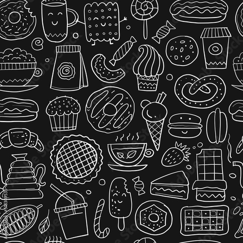 Coffee shop menu elements. Desserts and sweets. Hand drawn sketch. Seamless p...