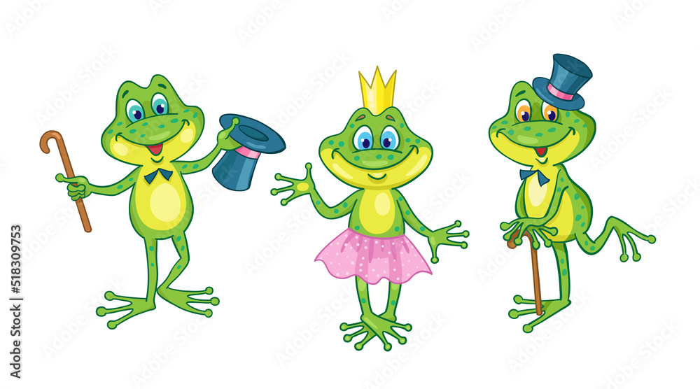 Three funny trendy frogs. In cartoon style. Isolated on white background. Vector illustration. Three funny trendy frogs. In cartoon style. Isolated on white background. Vector illustration.