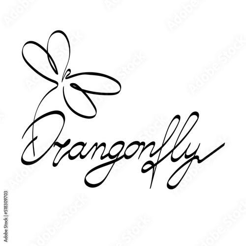 Stylized hand-drawn dragonfly lettering. Logo. Hand-drawn inscription. Vector. Single-line drawing. Black and white image. Dragonfly. Insect. Suitable for posters, stickers and postcards.