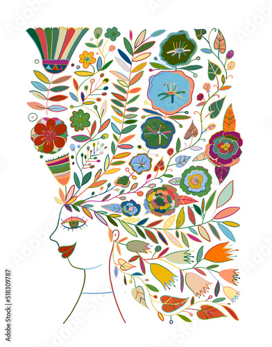 Floral female portrait, pretty woman with floral hairs. Design for fashion ca...