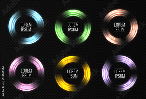 Illumination effect light rings. Abstract glowing circles. Sparkling color frames design. Luxury decorative round banner. Set of neon rings of different colors.