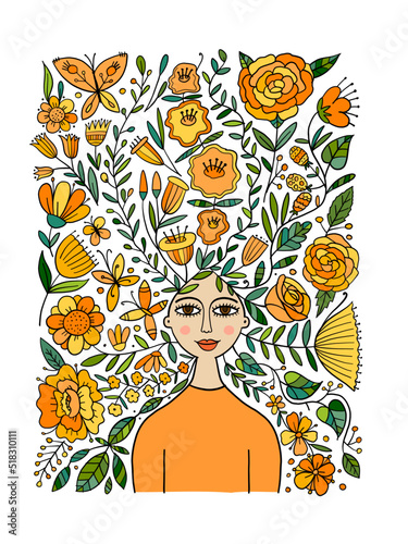 Floral female portrait, pretty woman with floral hairs. Design for fashion ca...