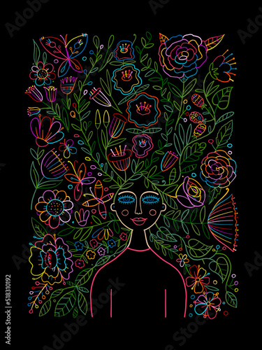 Floral female portrait, pretty woman with floral hairs. Design for fashion ca...