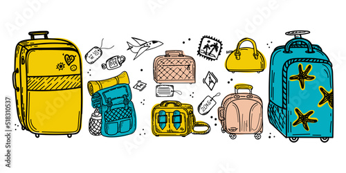 Set of different kinds of luggage, hand-drawn doodle in sketch style. Vector illustration. Large and small suitcase, small bag, hand luggage, valise, tags. Accessories. Airplane. Sketch.