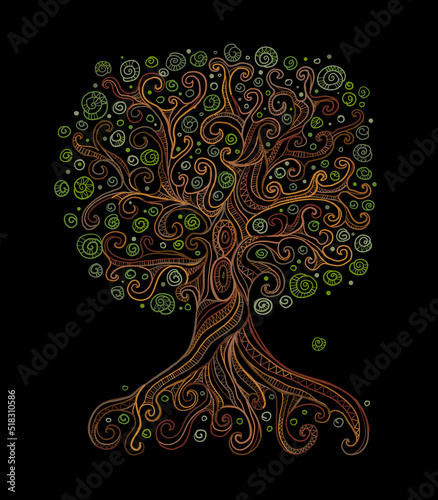 Old big family tree with roots on black background. Concept Art for your desi...