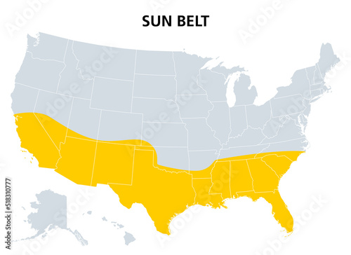 Sun Belt of the United States, political map. Region with desert, subtropical and tropical climate. Generally considered to stretch across Southwest and Southeast, comprising the southernmost states. photo