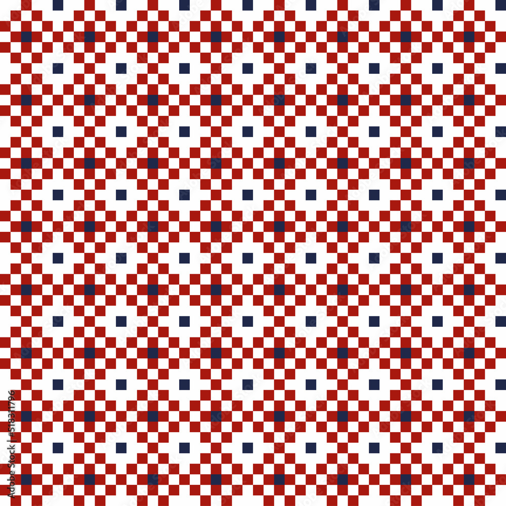 Rhomboid pixel pattern, red squares and blue dots, on whitr background