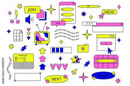 Big old pc window set.Obsolete electronic icons. y2k trendy illustrations