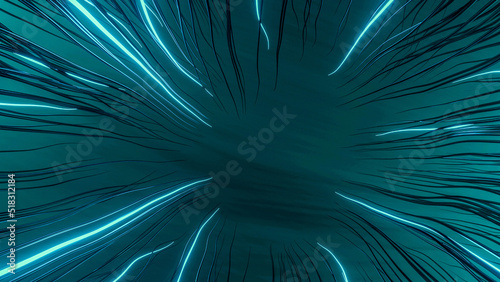 Abstract futuristic 3d dark background with bright lighting veins, hair, wind, turbulence, concetration to centre, portal walk, original colorful sci-fi art, curved design elements, dark teal color photo