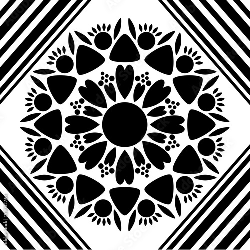 Black and white seamless pattern, border is line and center is multi shape like flower.