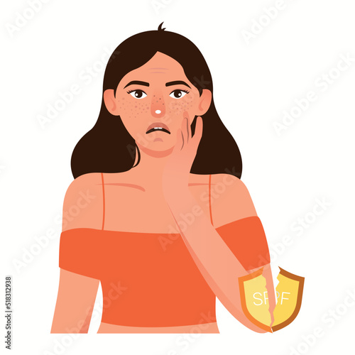 Woman sad because she s sunburned on the beach. No SPF. No Sun protection.