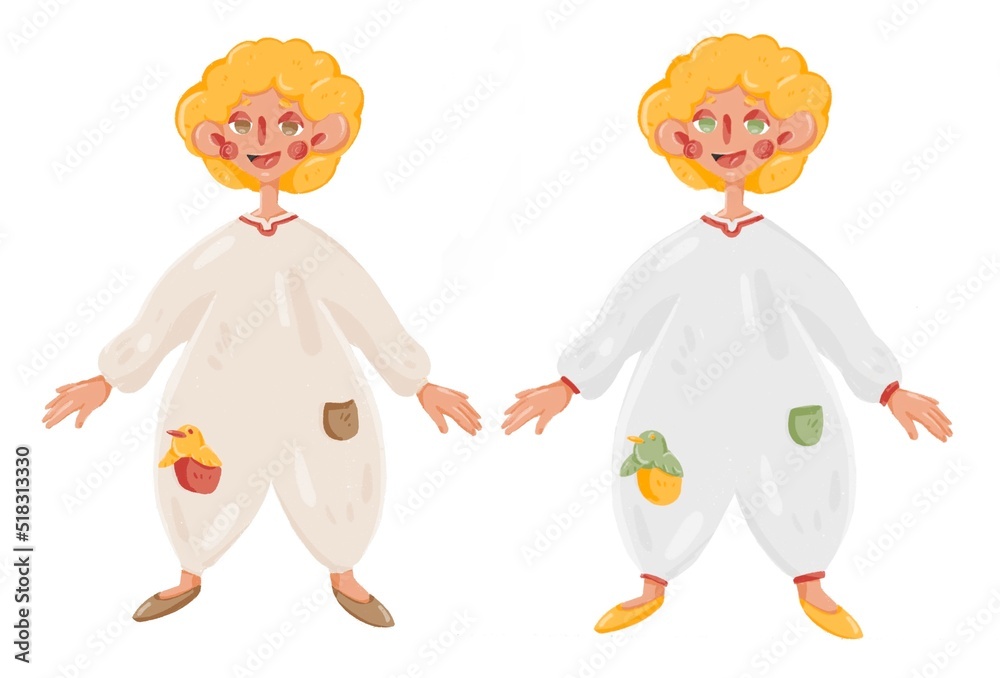A set of raster illustrations depicting a character from a fairy tale. A little boy in white clothes smiles. Character design for books. The baby is a blond child. Pencil style, hand drawing. A set of raster illustrations depicting a character from a fairy tale. A little boy in white clothes smiles. Character design for books. The baby is a blond child. Pencil style, hand drawing.