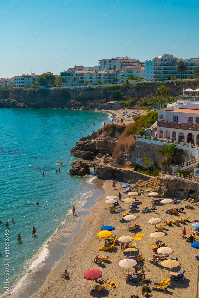 Aerial view of the beautiful beach of Nerja in Spain